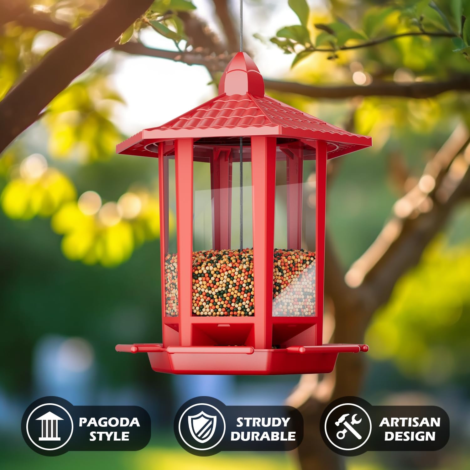 Birdream 2 Pack Bird Feeders for Outdoor Hanging, Retro Pagoda Design Fun Installation Bird Feeder, Attracting Wild Birds Chickadees Goldfinches Cardinals Finches and Sparrows - Red
