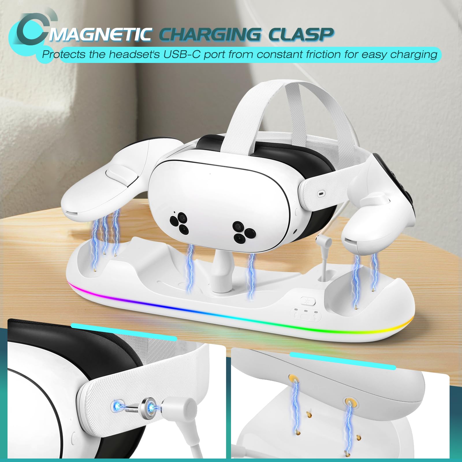 HURRA Base de carga para Meta Quest 3S/Quest 3/Quest 2/Quest Pro, estación de carga rápida con indicador LED/auriculares de carga magnética y controladores, 2 baterías recargables, cargador USB-C y