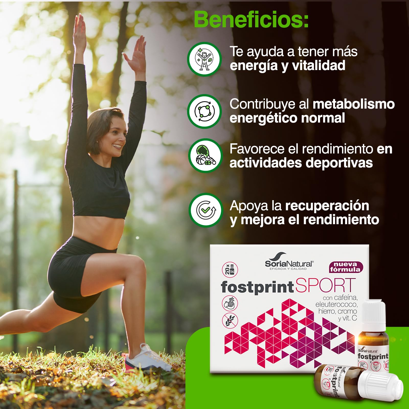 Soria Natural Fostprint Sport - Jalea Real, Vitaminas grupo B, Cafeína, Hierro, Cromo, Vitamina C, Vitamina D, NADH - Preworkout Energía Natural - Disminuye el cansancio y la fatiga - 20 viales