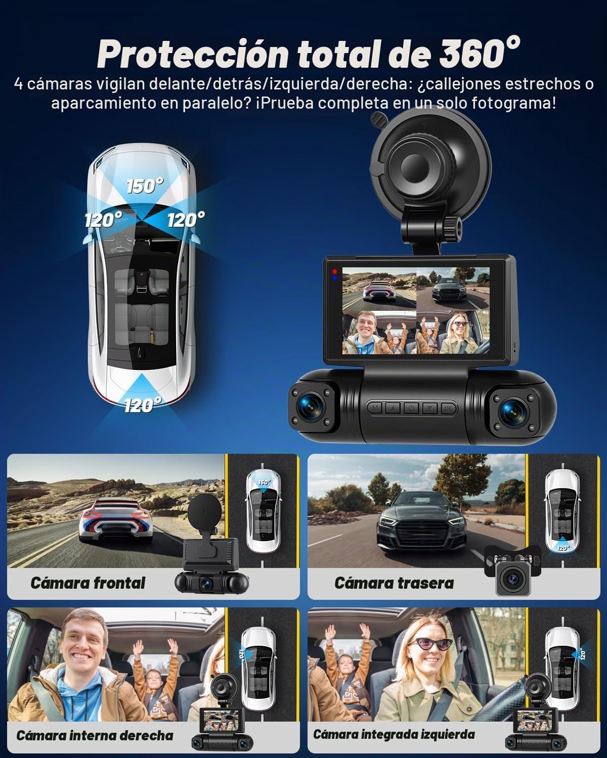NHOPEEW Cámara para salpicadero 2K de 4 Canales para automóviles: cámara para salpicadero con WiFi, cámaras de 1080p, visión Nocturna, grabación en Bucle y detección de Movimiento con Sensor G