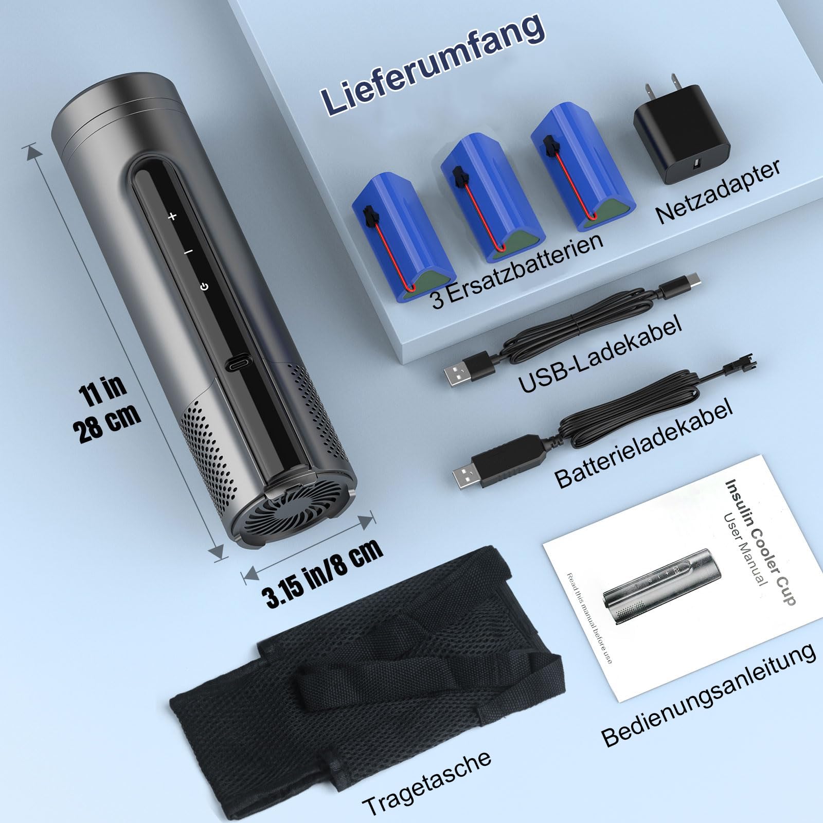 Upgraded Insulin Kuehltasche Pen Cooler Travel Case mit Backup Batterien 72+ Stunden Power via USB Platz fuer 7 Insulin Pens Isolierte Diabetiker Medikamenten Kuehler TSA Approved (3 Batterien)