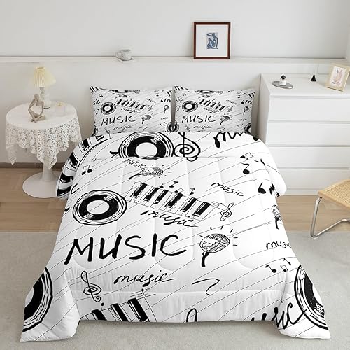 Miniatura 1 de Juego de edredón con temática musical, edredón de notas musicales en blanco y negro para niños y niñas, juego de ropa de cama musical retro,