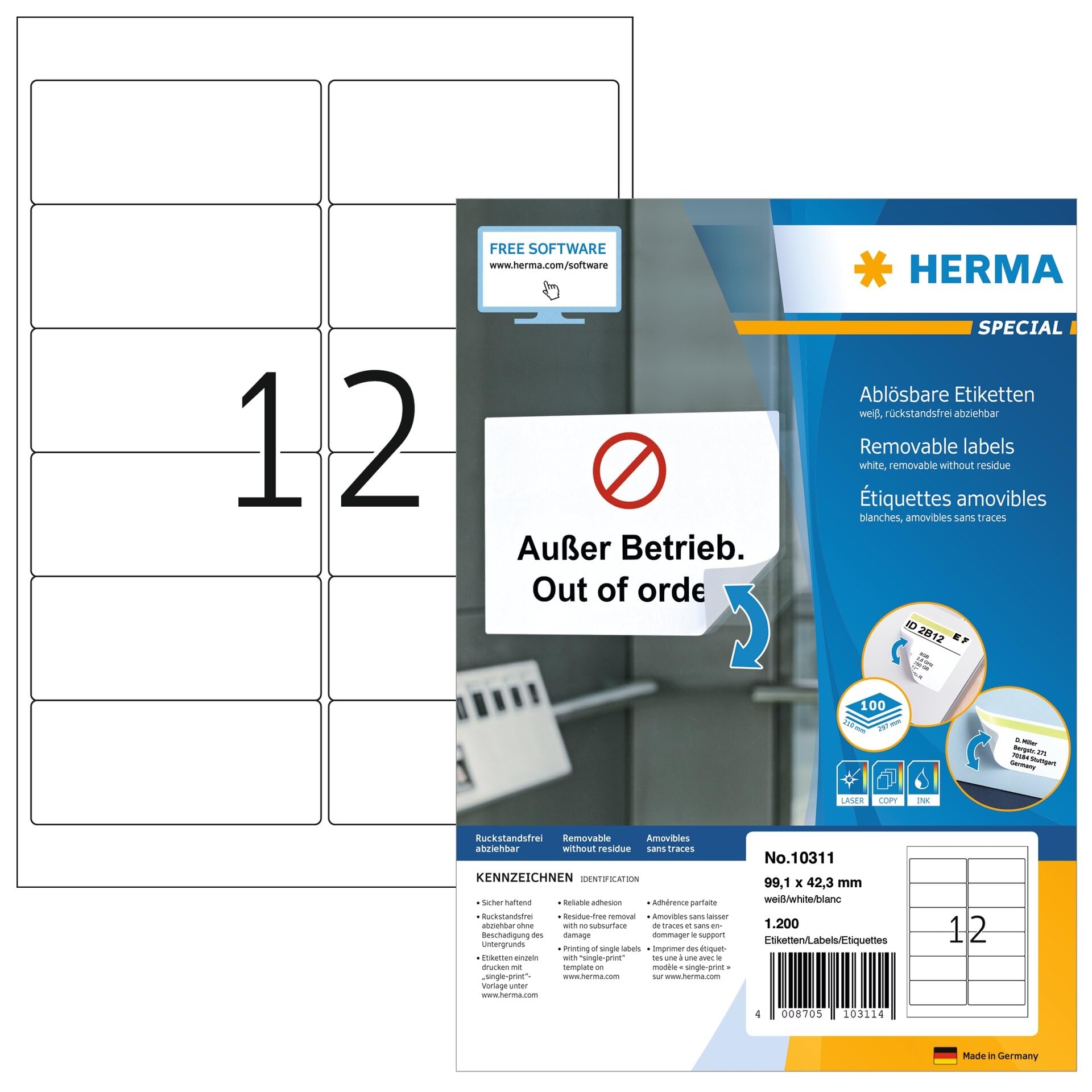 HERMA Self Adhesive Removable Labels, 12 Labels per A4 Sheet, 100 Sheets, 99.1 x 42.3 mm, 1200 Labels, Blank Multipurpose Labels Stickers, Sticky Labels for Laser & Inkjet Printer, White