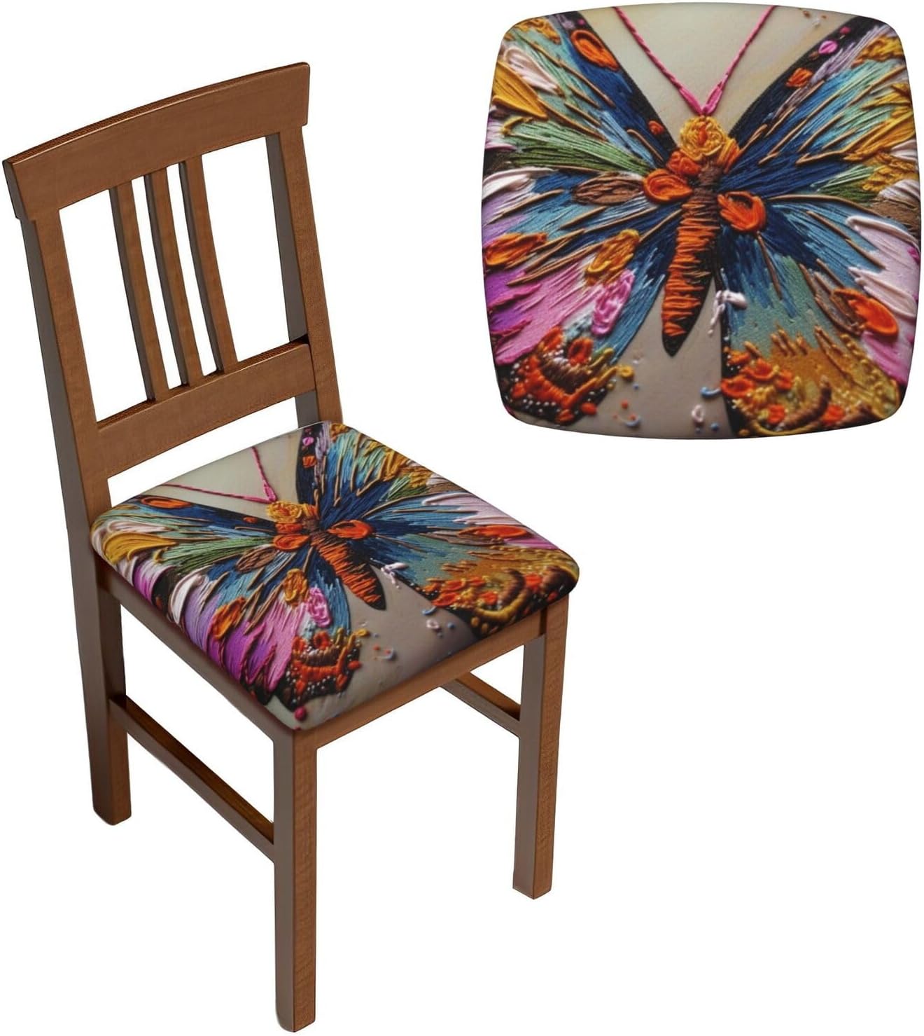 2PCS Stretch Seat Covers Set, Colorful Butterfly Chair Covers for Dining Room, Square Chair Seat Slipcovers with Ties, Removable Washable Dining Chair Protector Seat Cover for Kitchen Office