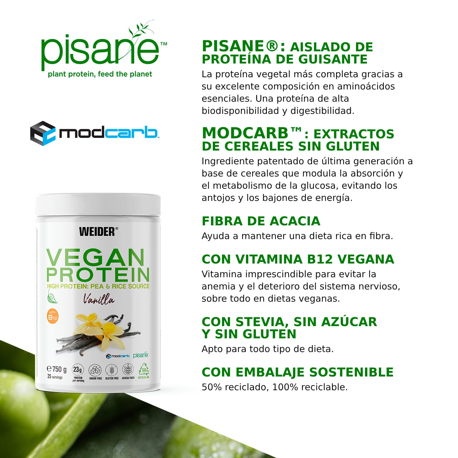 Weider Vegan Protein (750g) Sabor Vainilla. Proteína Vegana 23g/dosis Aislada Guisante (Pisane) y Arroz. Con Vitamina B12 y Stevia. Sin Gluten, Sin Azúcar. Bote 50% Reciclado, 100% Reciclable