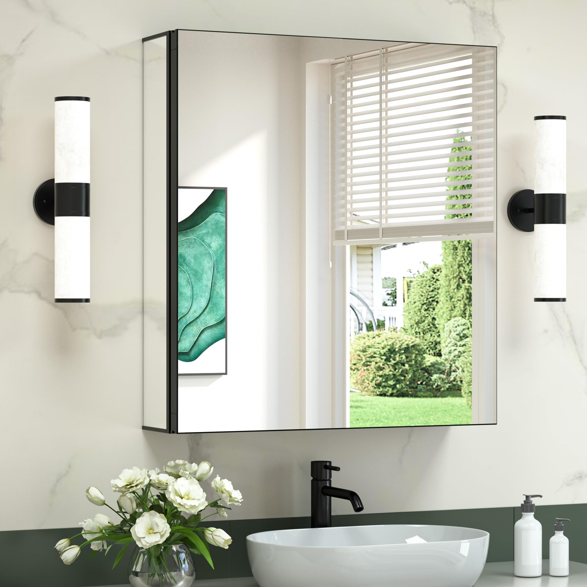 TokeShimi 24x26 Medicine Cabinet with Mirror Black,Aluminum Framed Mirror Cabinet Bathroom Wall with Tempered Adjustable Shelves