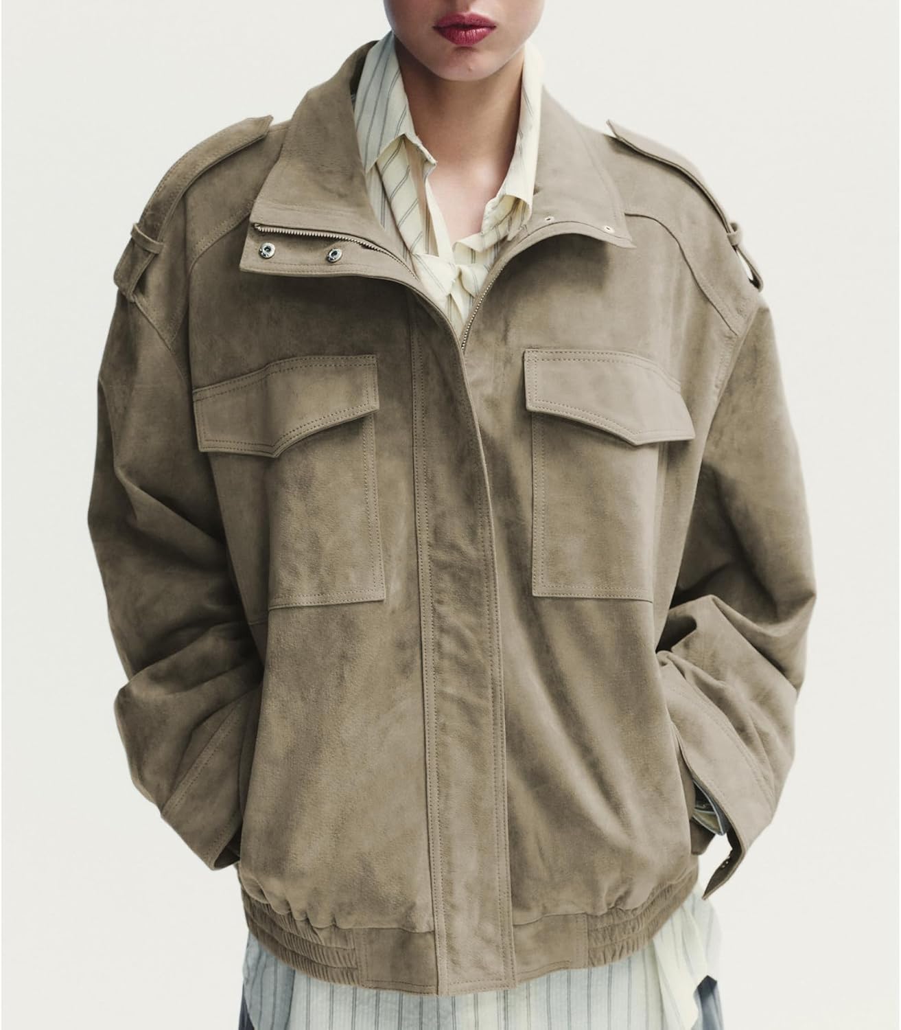 Womens Faux Suede Leather Jackets Zipper Lapel Long Sleeve Bomber Jackets Oversized Blazer Going Out Outwear