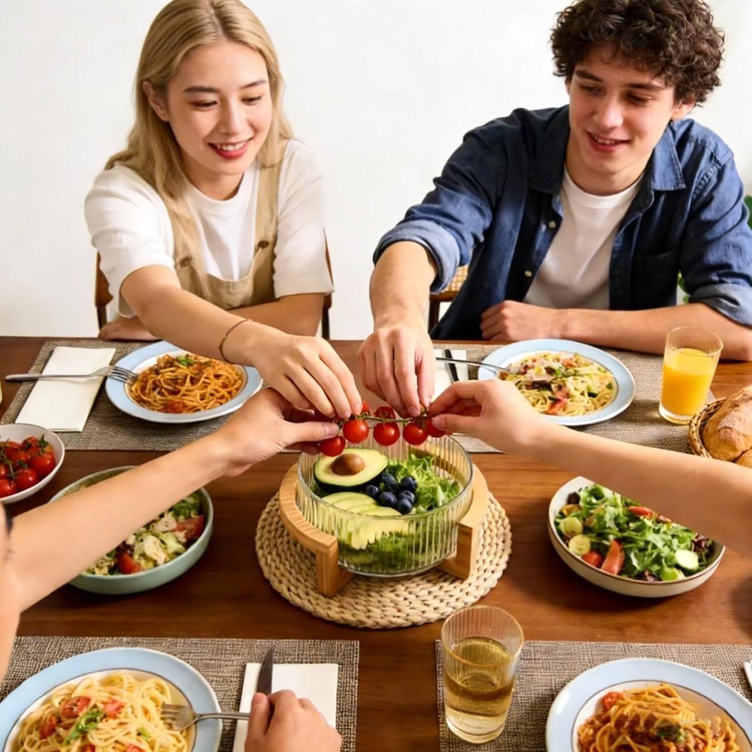 Extra Large Serving Bowl with Serving Utensils & Wood Base - 4QT Party Salad Bowl, Durable Calcium Glass & Rustic Bamboo Stand for Entertaining, Dishwasher-Safe Fruit Vegetable Mixing Bowl