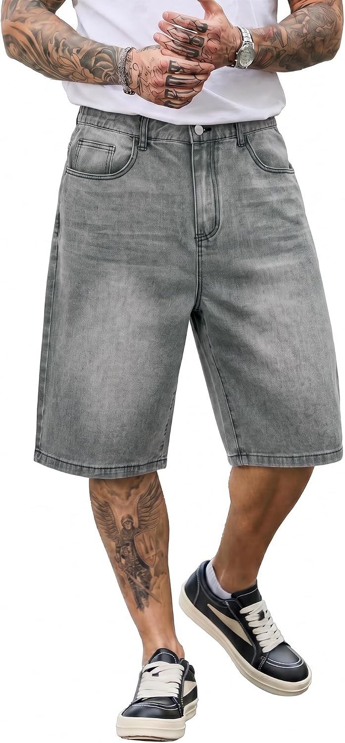 PLEPAN Men's Baggy Jeans Loose Fit Jorts Long Below Knee Denim Shorts