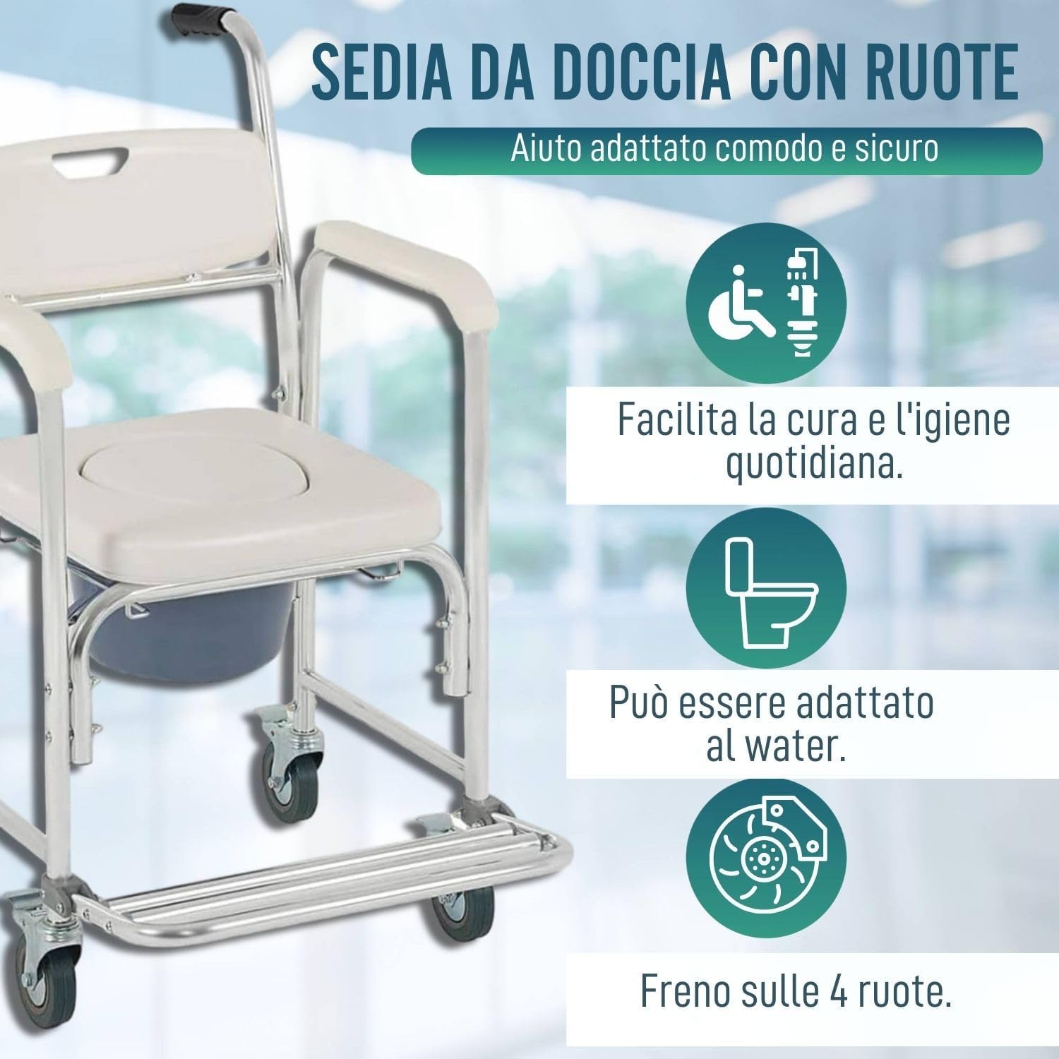 OrtoPrime Sedia da Doccia con Ruote e Piedini Pieghevoli - 3 in 1 - Sedia con WC Integrato e Bidet - Portatile per Anziani - Geriatrica