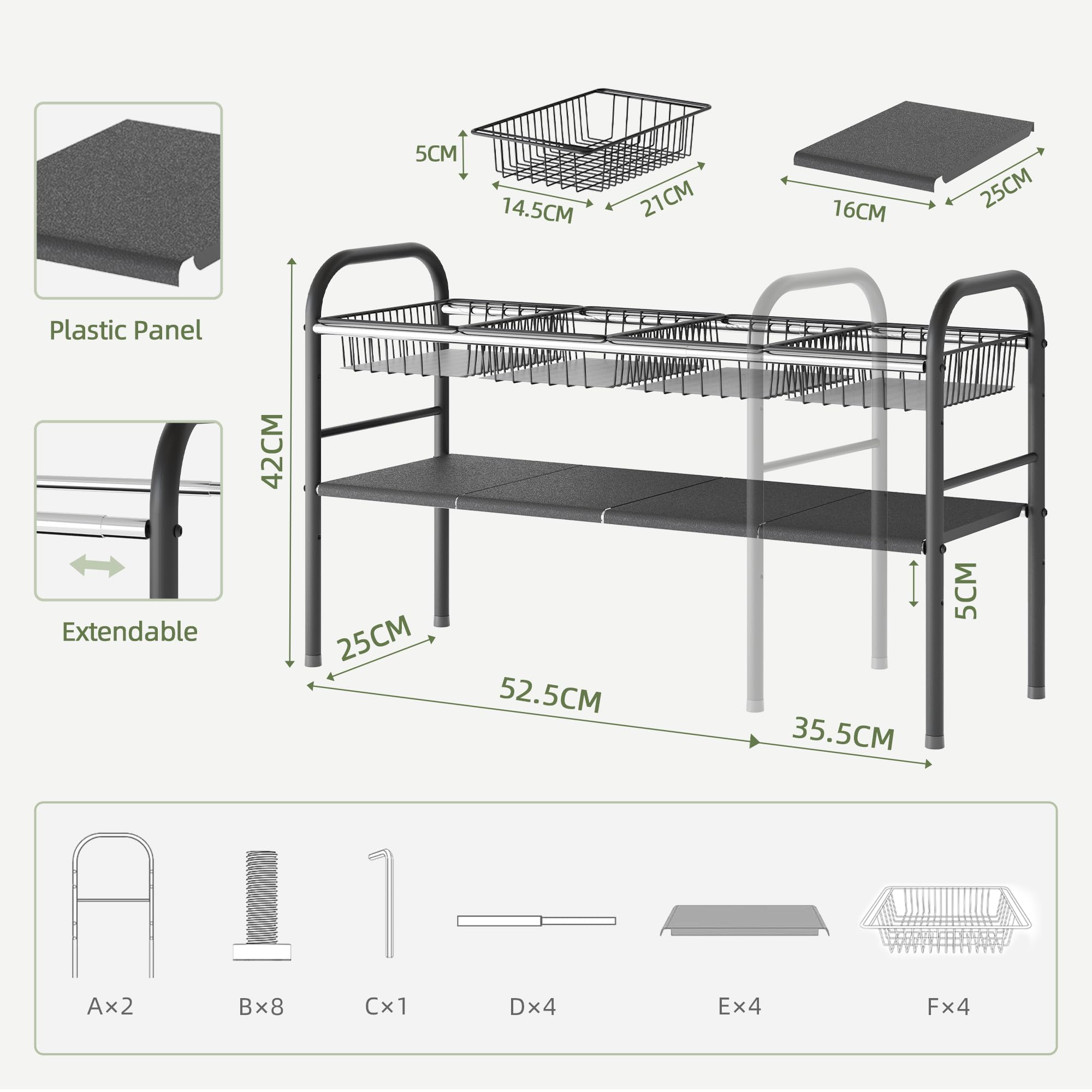 NETEL Estantería extensible para debajo del lavabo, organizador de armario, estante bajo el fregadero para cocina y baño, con 6 paneles y 2 cestas