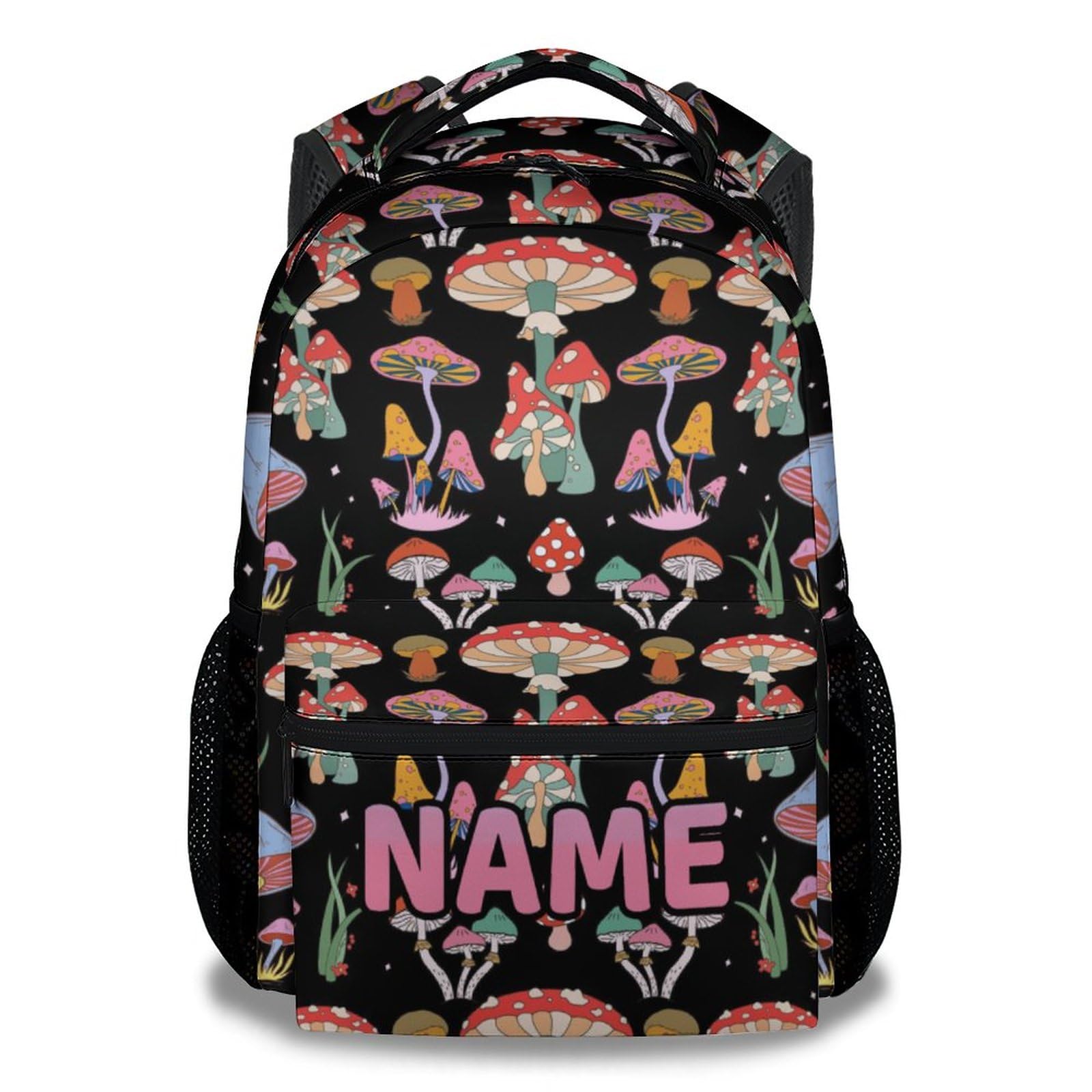 PoshWrap Personalized Mushroom School Backpack for Boys Girls - 16 Inch Black Backpacks for Kids 6-12 Years - Durable Fashion Bookbag for Travel