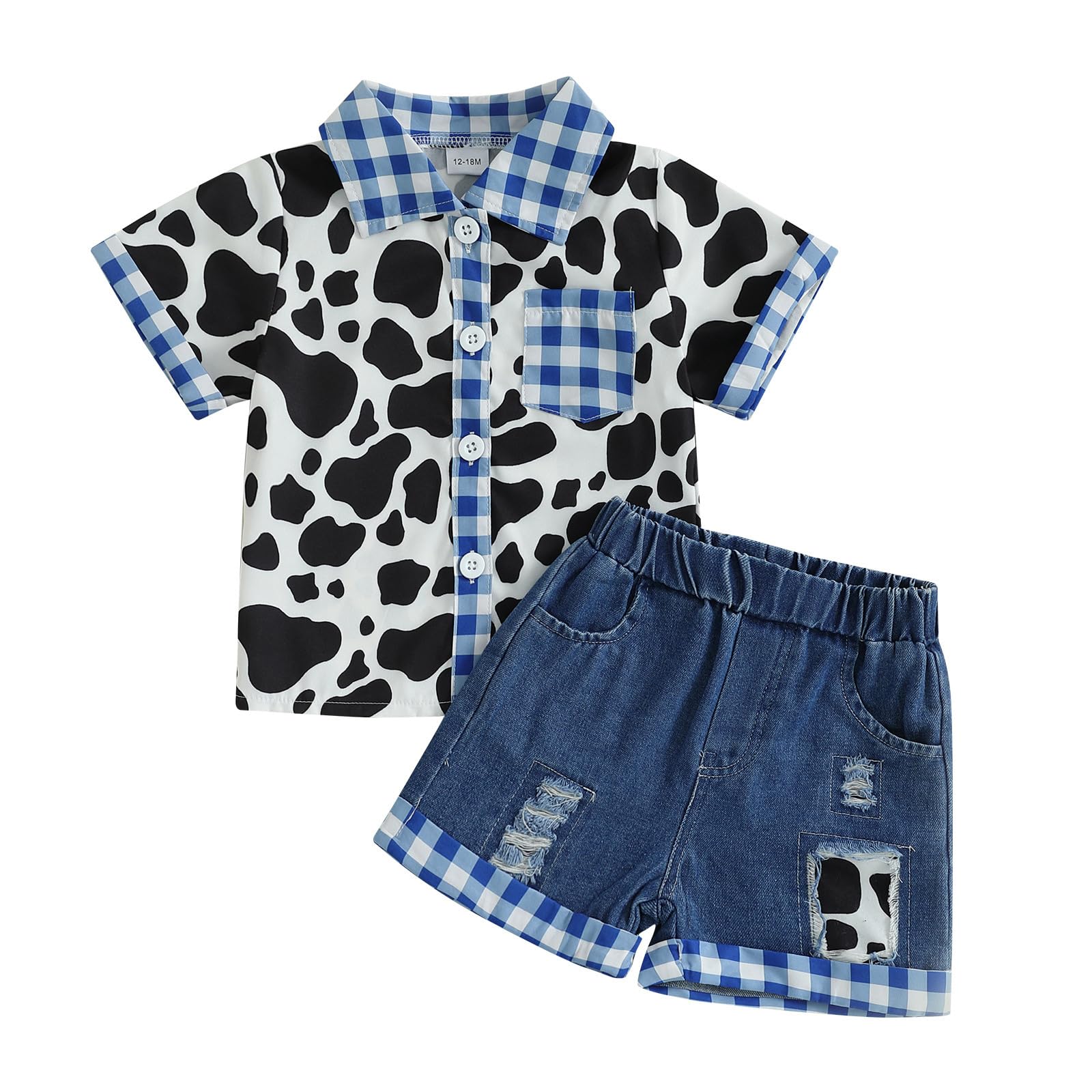 Emmababy Infant Western Clothes Boy Toddler Denim Outfit Plaid Short Sleeve Shirts Jeans Shorts Baby Cow Farm Gentleman Suits (Blue, 4-5T)