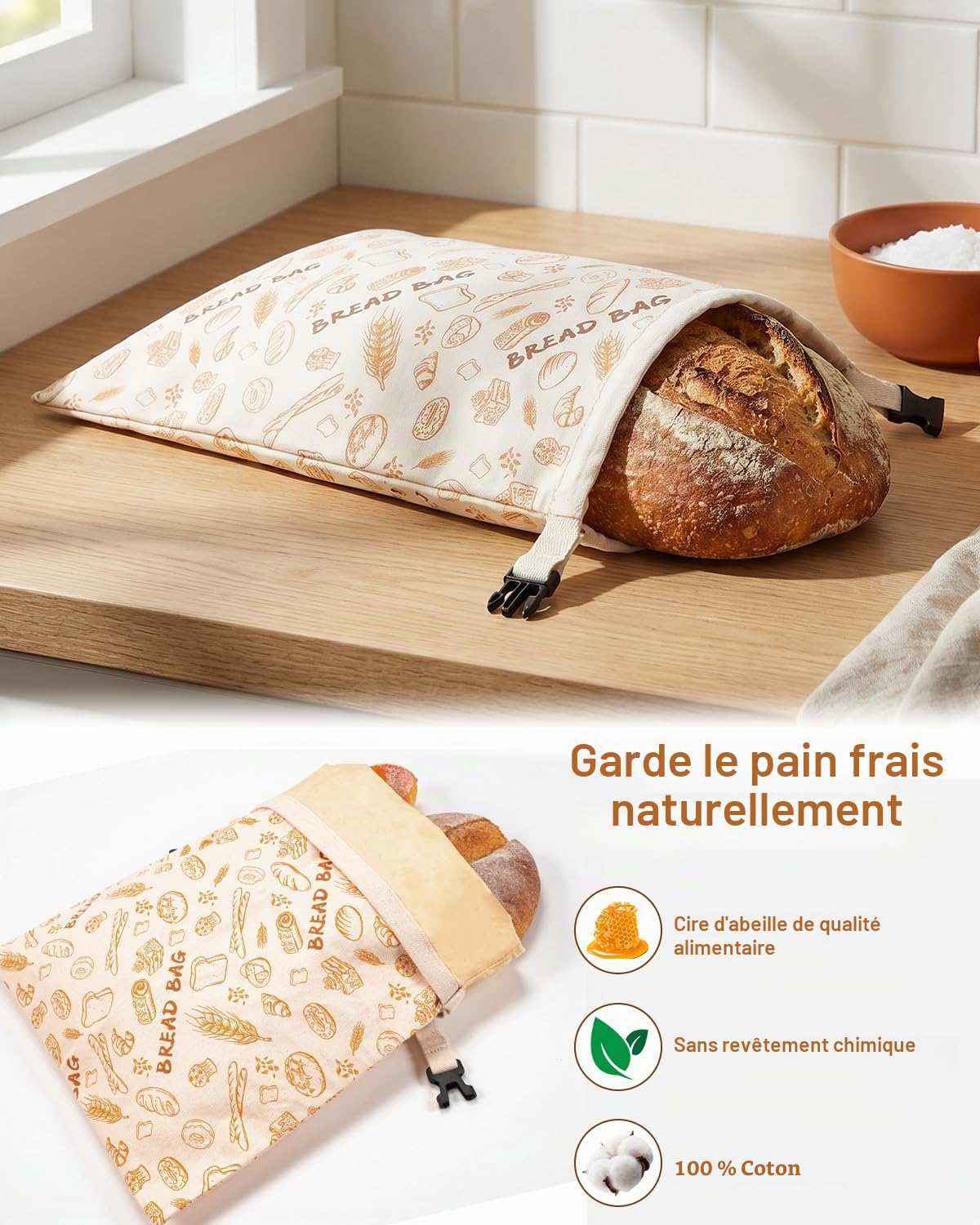 2 Sacs à Pain en Cire d’Abeille 43×33 cm – Sac de Conservation Réutilisable en Coton, pour Pain au Levain et Baguette, Sac Écologique pour Garder la Fraîcheur du Pain