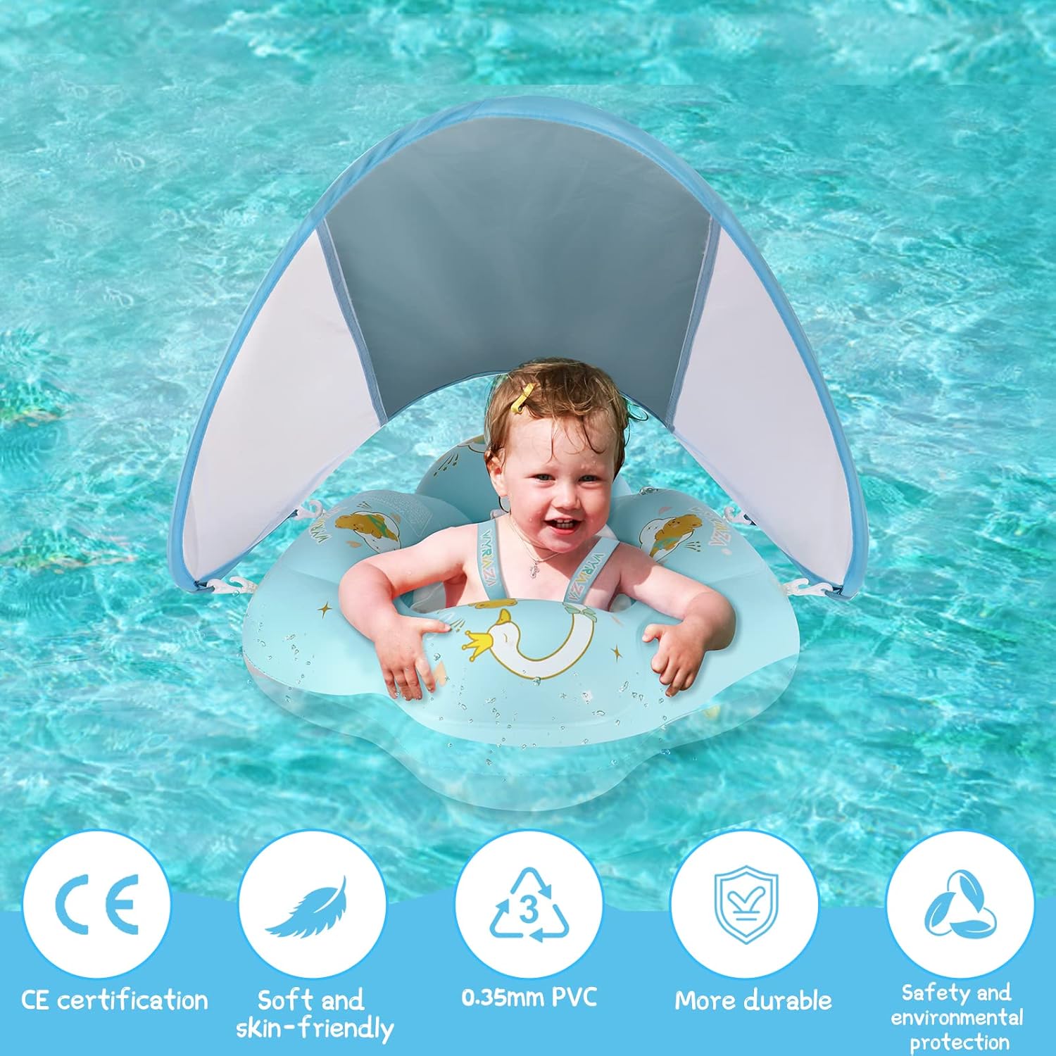 Baby Float with Canopy UPF50+ Sun Protection for Infant Newborn Toddler Inflatable Swimming Spring Swim Water Float 0-36 Months with Balance Ball Safety Seat - Image 3