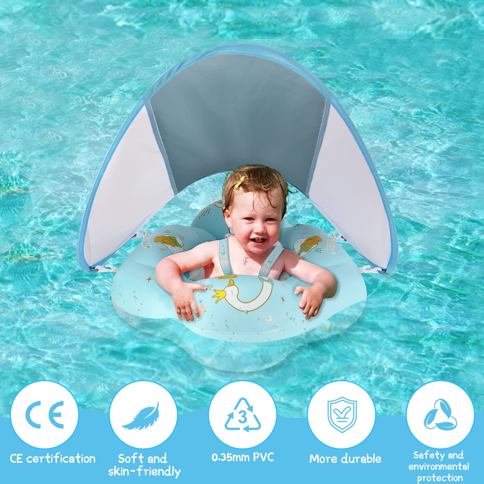 WYRIAZA Salvagente Neonato con Parasole SPF 50+ | Ciambella Neonato Mare Aggiornato con Sfera di Equilibrio per Evitare Il Ribaltamento | Salvagente Neonato 5-16Kgs