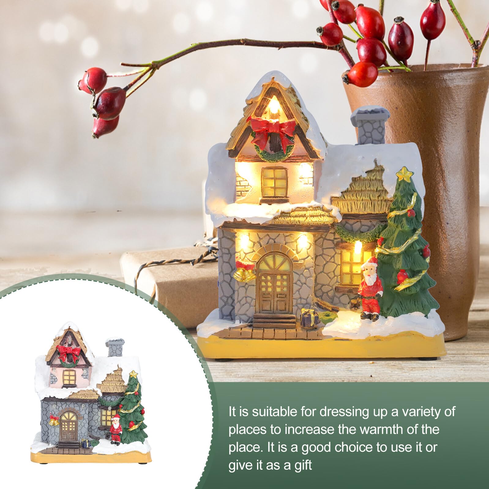 Mini Casa de Resina Navideña Decorativa Luces, Estilo Delicado para Sala o Ventana, CREA Ambiente Festivo de Navidad
