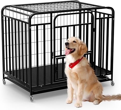 Escape-Proof Dog Crate 42 Inch - Industrial Steel Frame Dog Kennel with 3 Doors & 4 Lockable Wheels, Durable Easy-Clean Dog Crate for Large Dogs in