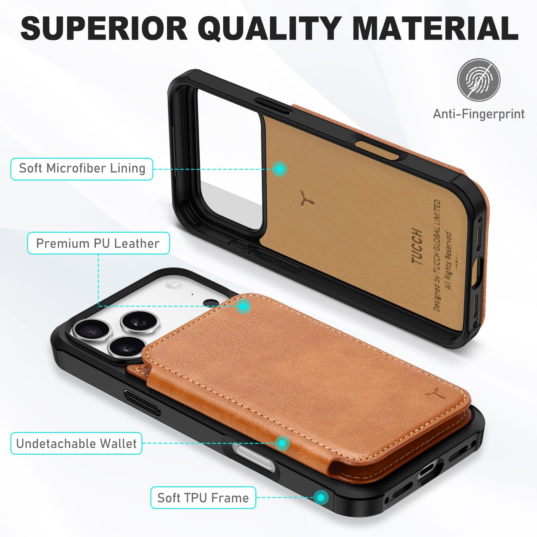 TUCCH Funda Billetera para iPhone 17 Pro MAX 6,9-Pulgadas 5G 2025 Bloqueo RFID | Cuero PU [Tarjeteros Indesmontable] 3 Ranura Tarjeta Cierre Botón Magnético Protección Flip, Marrón Claro Texturizado