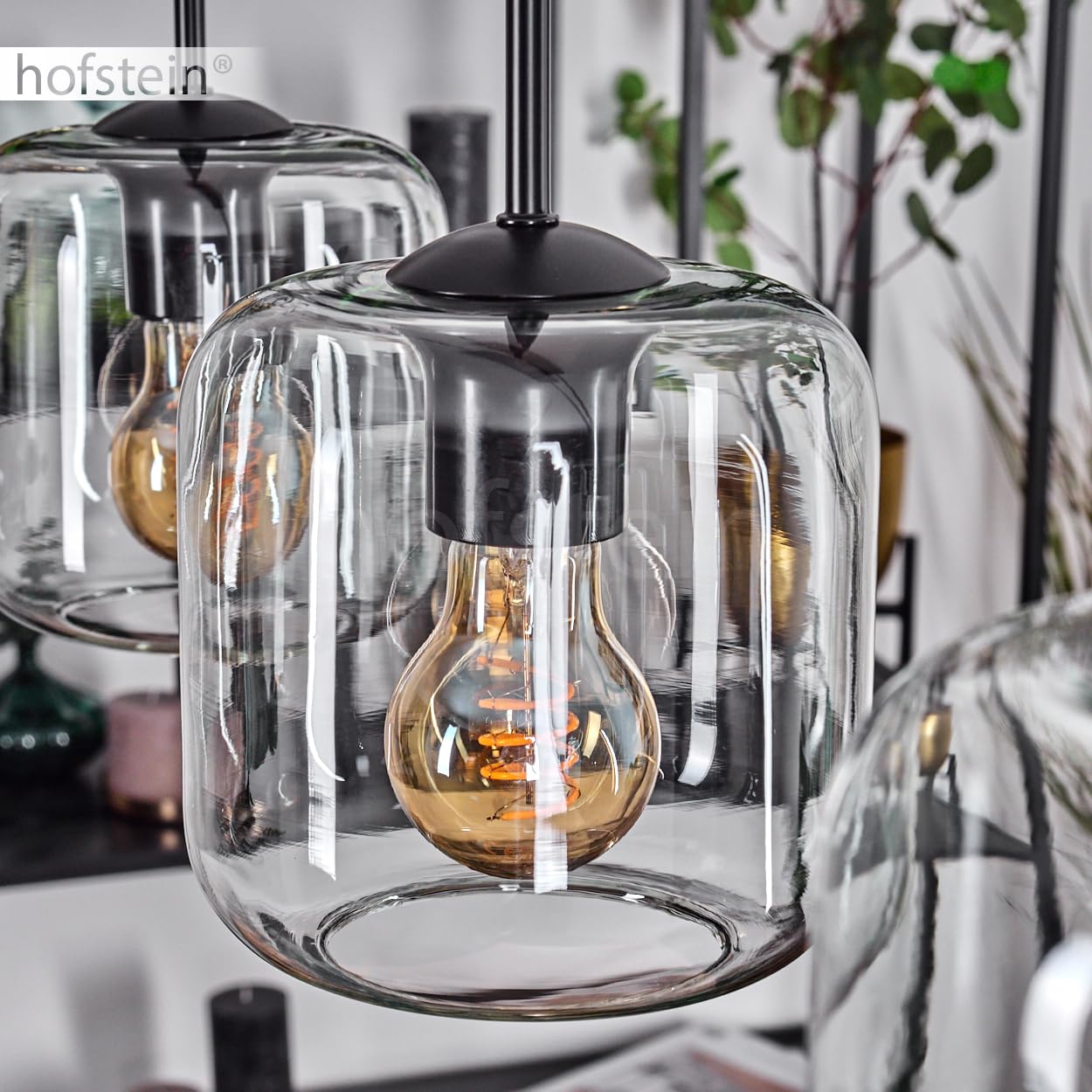 HOFSTEIN Lampadario a sospensione Lauden, 3 luci, in metallo/vetro, nero/trasparente, moderna lampada a sospensione in design retrò/vintage, diametro paralumi 20 cm, E27, sala da pranzo, cucina