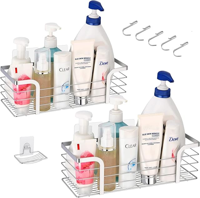 Shower Caddy Adhesive Shower Shelf Organizer Soap Dish Holder with 5 Hooks for Shampoo Conditioner Holder Kitchen Organizer Basket Stainless Steel Bathroom Shelf Basket for Dorm Toilet Bath 3Pack (A)