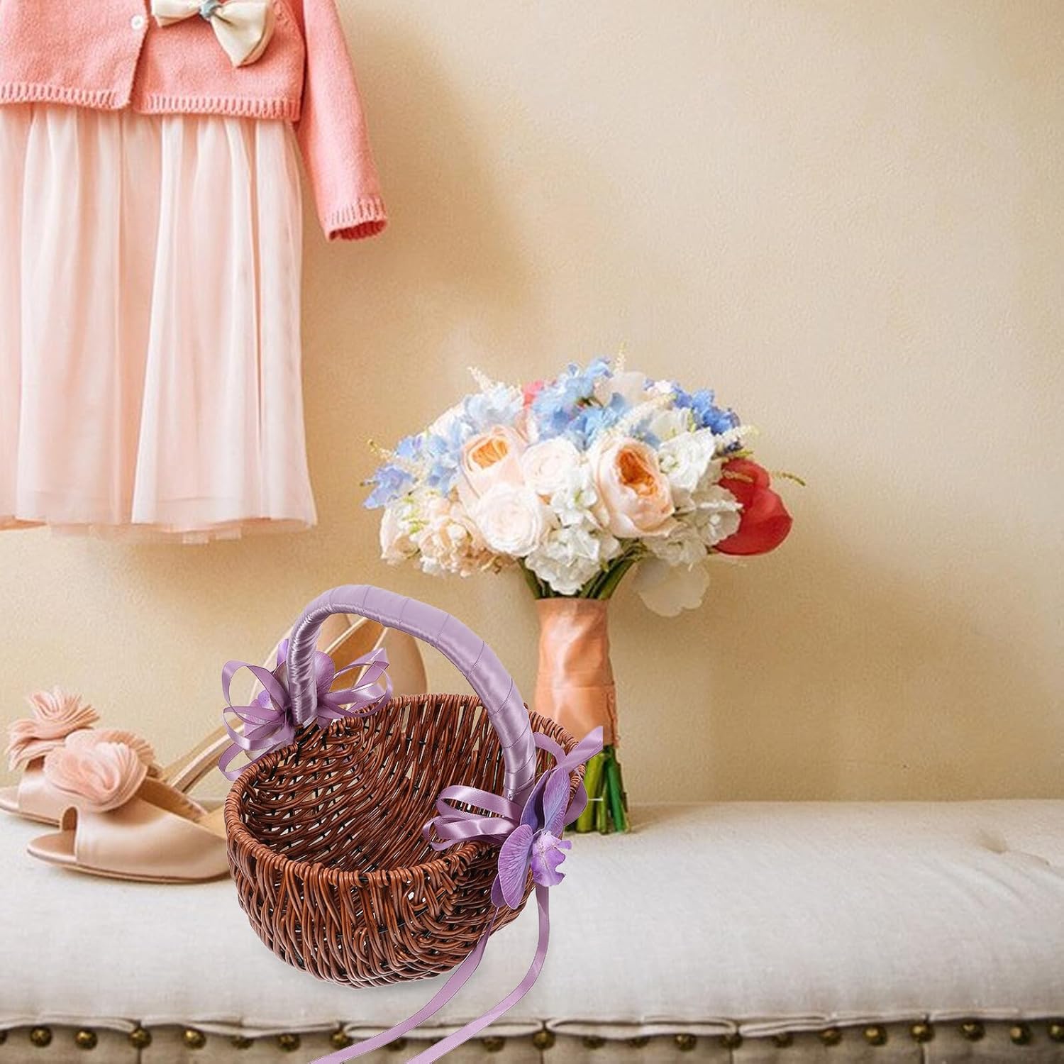 Beavorty Wedding Flower Girl Basket Handwoven Small Wood and Plastic Floral Storage Container with Purple Handle for Wedding Party Ceremony Supplies