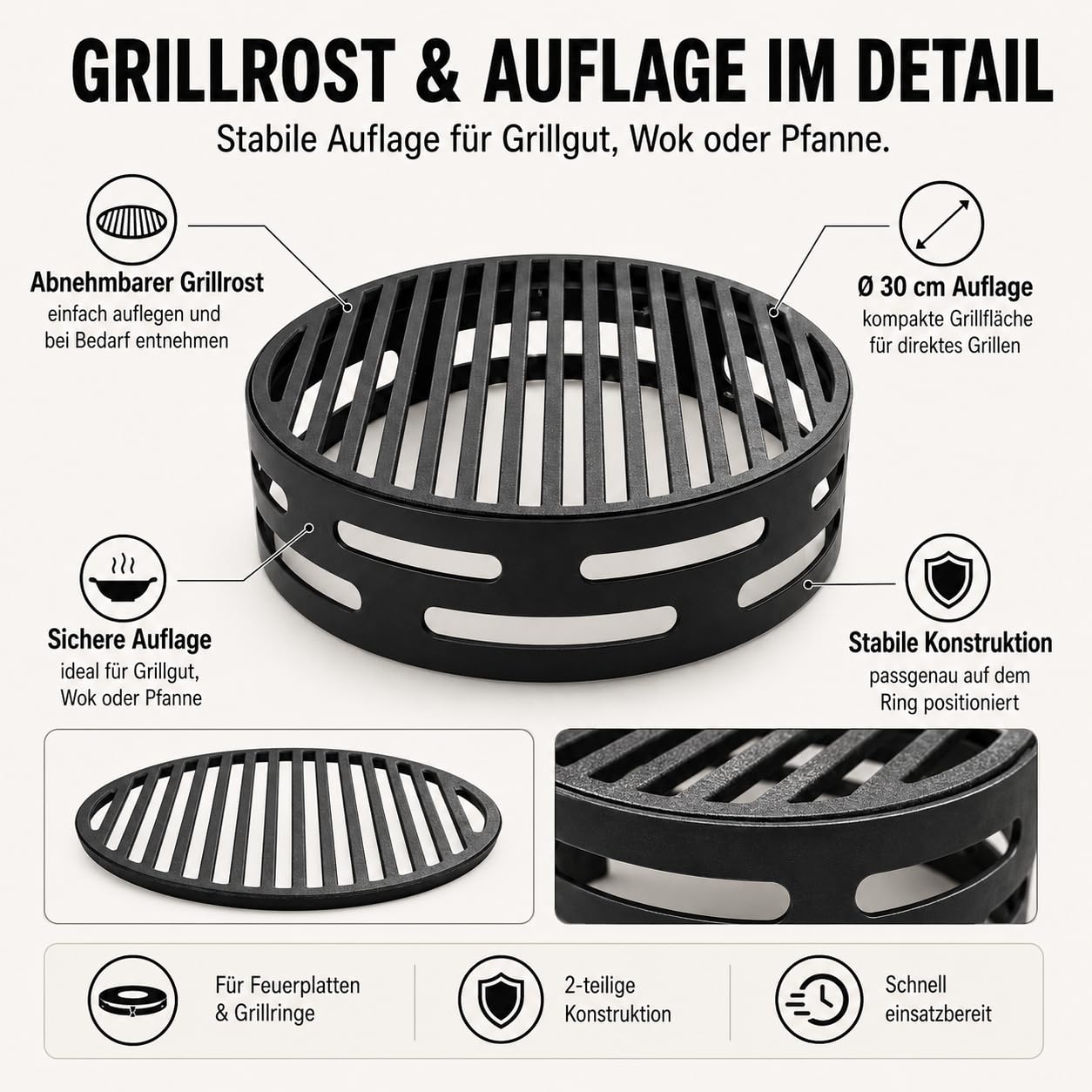 Oleio BBQ Wokaufsatz aus Stahl für Feuerplatte, 25 cm Loch, 30 cm Auflage | 10 cm hoch und 5 mm stark, schwarz hitzebeständig beschichtet; für Wok und Dutch Oven auf Grillring, Plancha oder Grillplatte