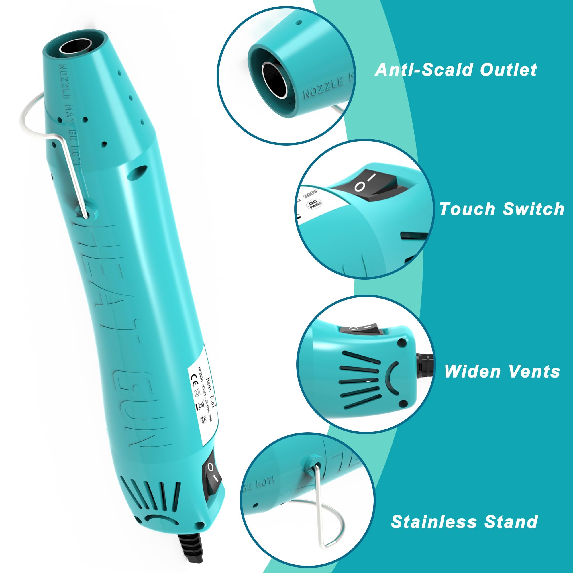 Heat Gun, Mini Heat Gun for Shrink Tubing, Portable Heat Gun for DIY Crafts, 300W Heat Air Gun with Reflector Nozzle, Shrink Wrap Gun Tool for Shrink Packaging PVC, Drying Paint, Clay - Blue