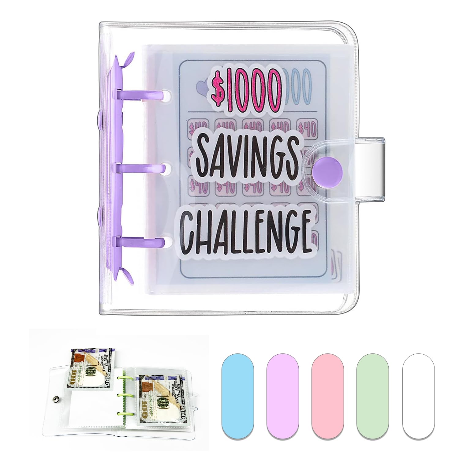 Dreamplay Mini Money Saving Binder, $1000 Money Saving Challenge Book Budget Binder with Envelopes Portable Deposit Anytime Anywhere (Purple)
