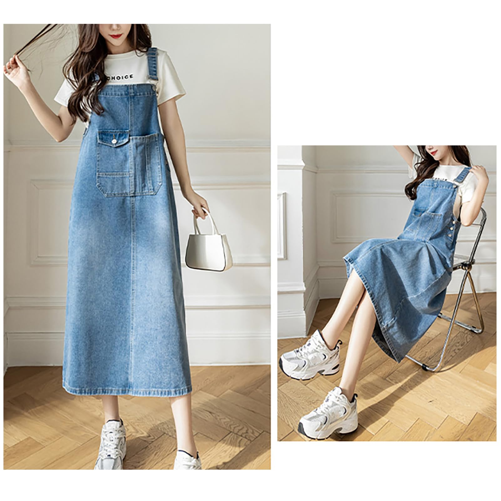 Robe Salopette Femme Mid Longue Robes en Denim Casual Jeans Combinaiso Robe Grande Taille