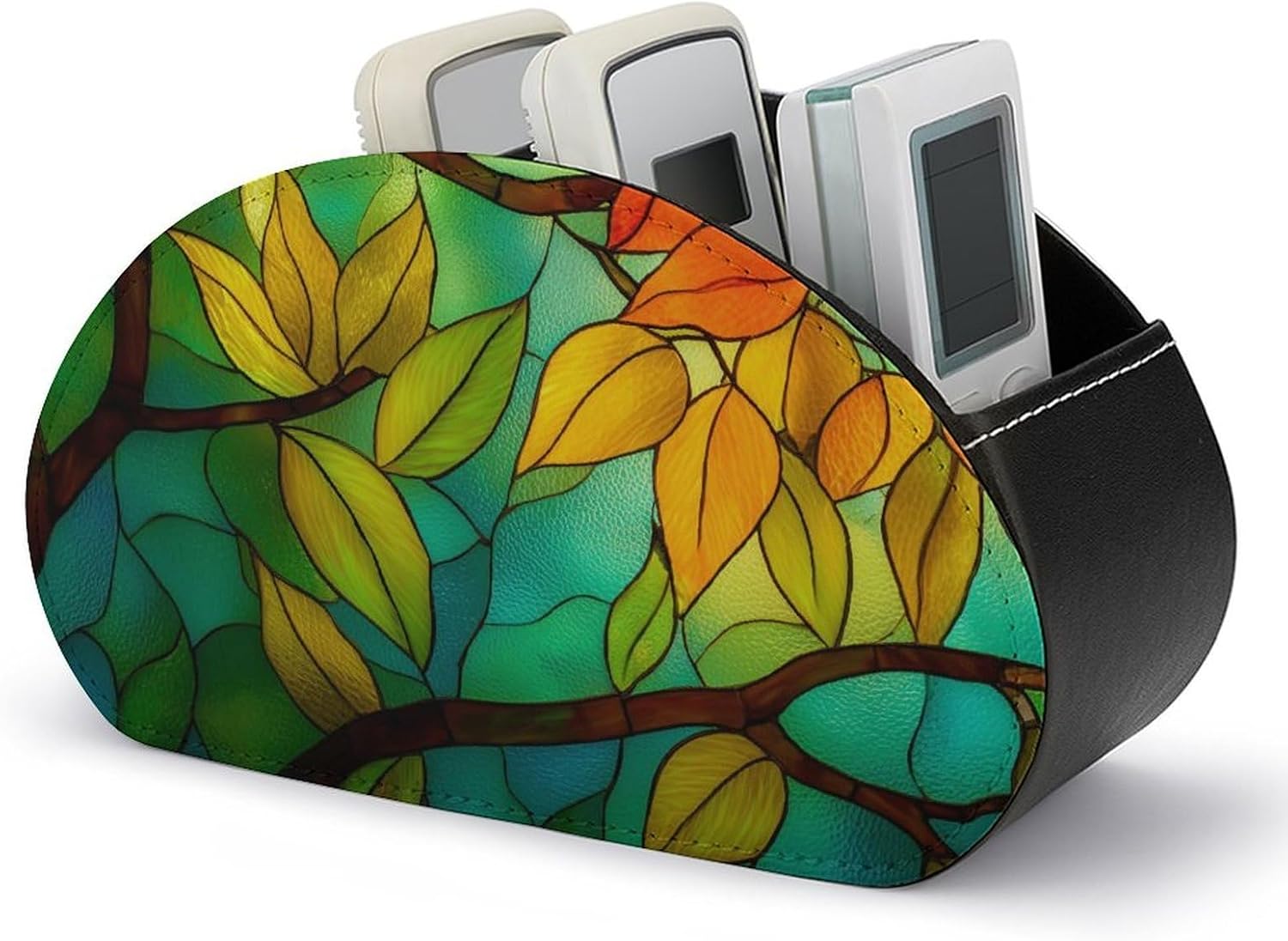 Green Leaf Stained Glass Remote Control Holder with 5 Compartments Leather TV Remote Caddy Remote Storage Box Desktop Organizer for Pen/TV Remotes/Media Controllers/Office Supplies