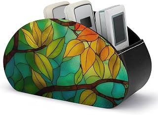Green Leaf Yellow Blue Red Stained Glass Remote Control Holder with 5 Compartments Leather TV Remote Caddy Remote Storage Box Desktop Organizer for Pen/TV Remotes/Media Controllers/Office Supplies