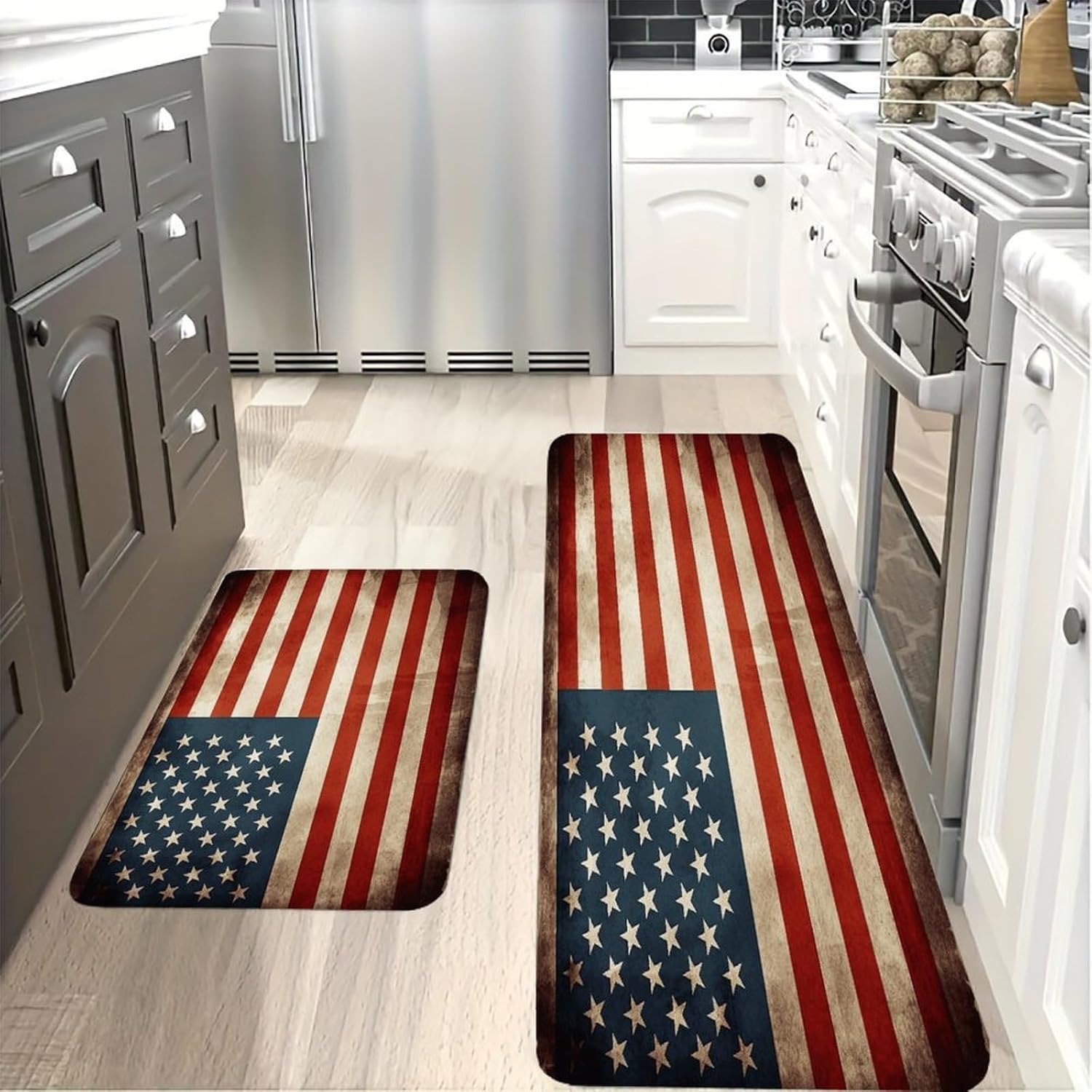 Vintage American USA Flag Kitchen Mat Washable Non Slip Rugs Soft Kitchen Mats for Floor Set of 2 PCS Cushioned Absorbent Runner Standing Rugs for Home Sink Laundry Office