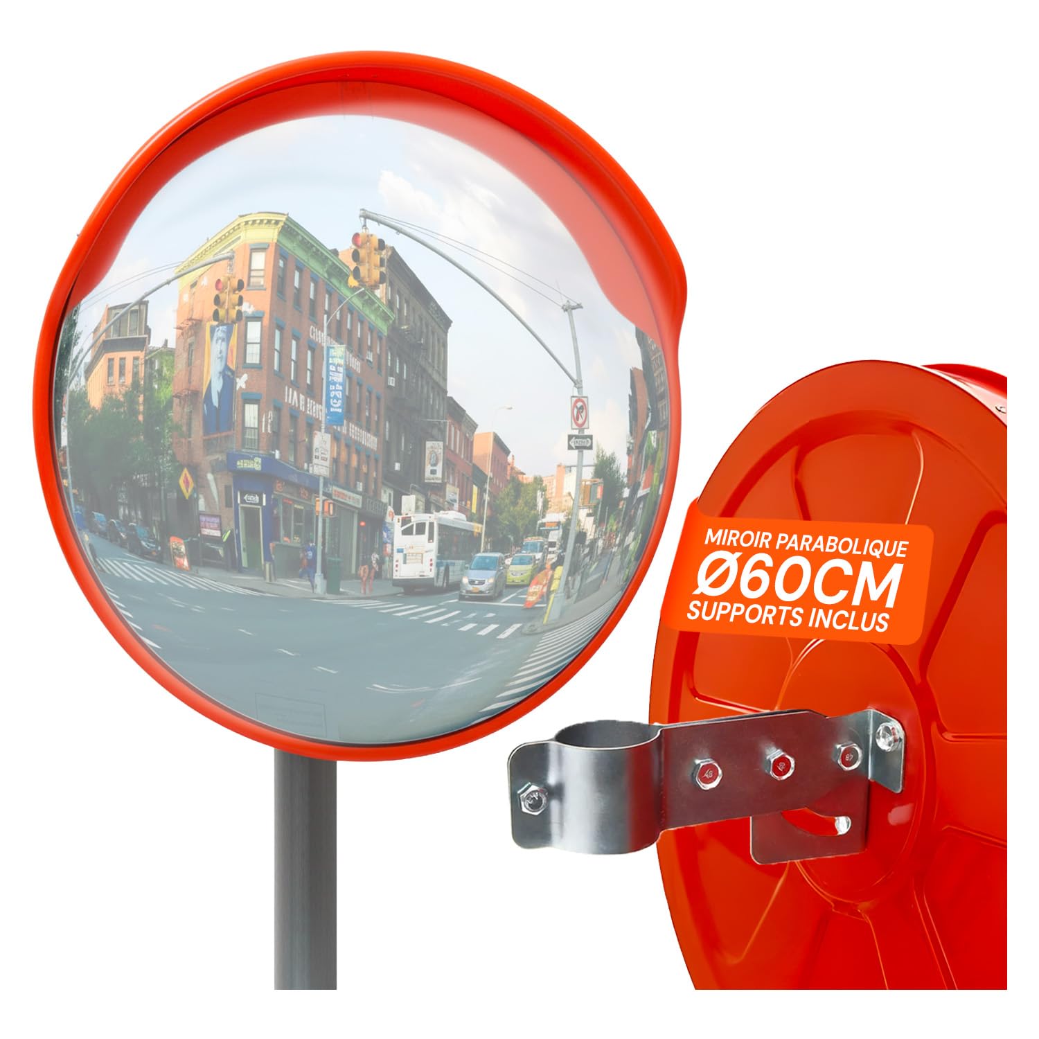 Avilia Miroir de Circulation Convexe Ø 60 cm, Miroir Parabolique de Sécurité Grand Angle 160°, pour Angles Morts Garage Parking et Entrepôt, avec Kit de Fixation Murale ou sur Poteau
