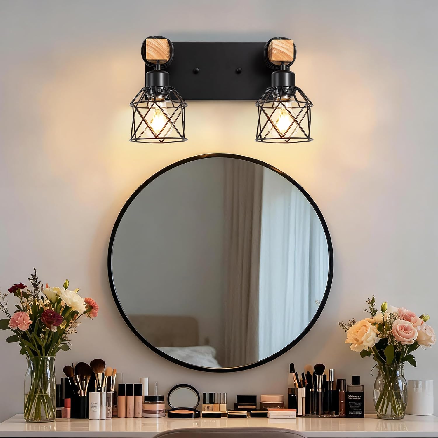 2-Light Farmhouse Bathroom Vanity Light Fixtures Over Mirror, Rustic Vanity Light for Bathroom Lighting, Black Wood Sconces Wall with Elegant Cage Metal Lampshade for Living Room, Bedroom, Hallway