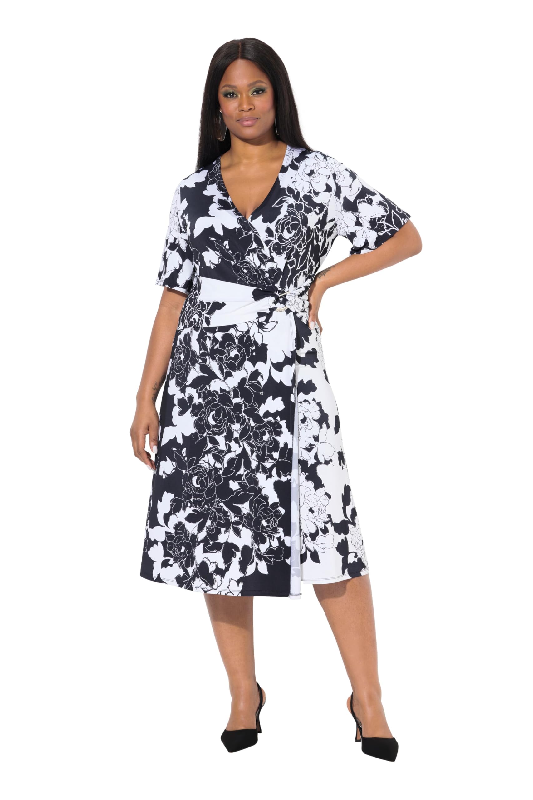 Ulla Popken Damen große Größen Übergrößen Plus Size Slinky-Kleid, Blüten, Drapierung, V-Ausschnitt, Halbarm 838745
