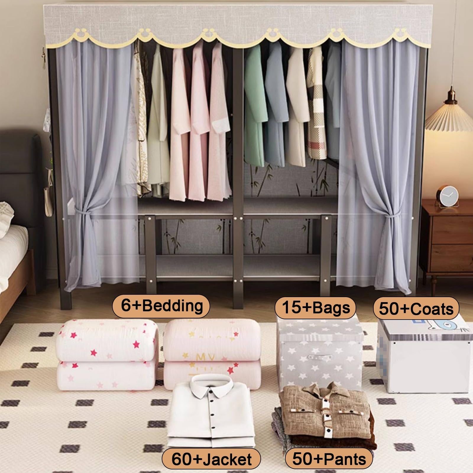 Faltschrank, Stoffkleiderschrank, Robuster Kleiderschrank mit Perforierten Paneelen, Freistehender Garderobenschrank, für Schlafzimmer(Black,130cm/51in)