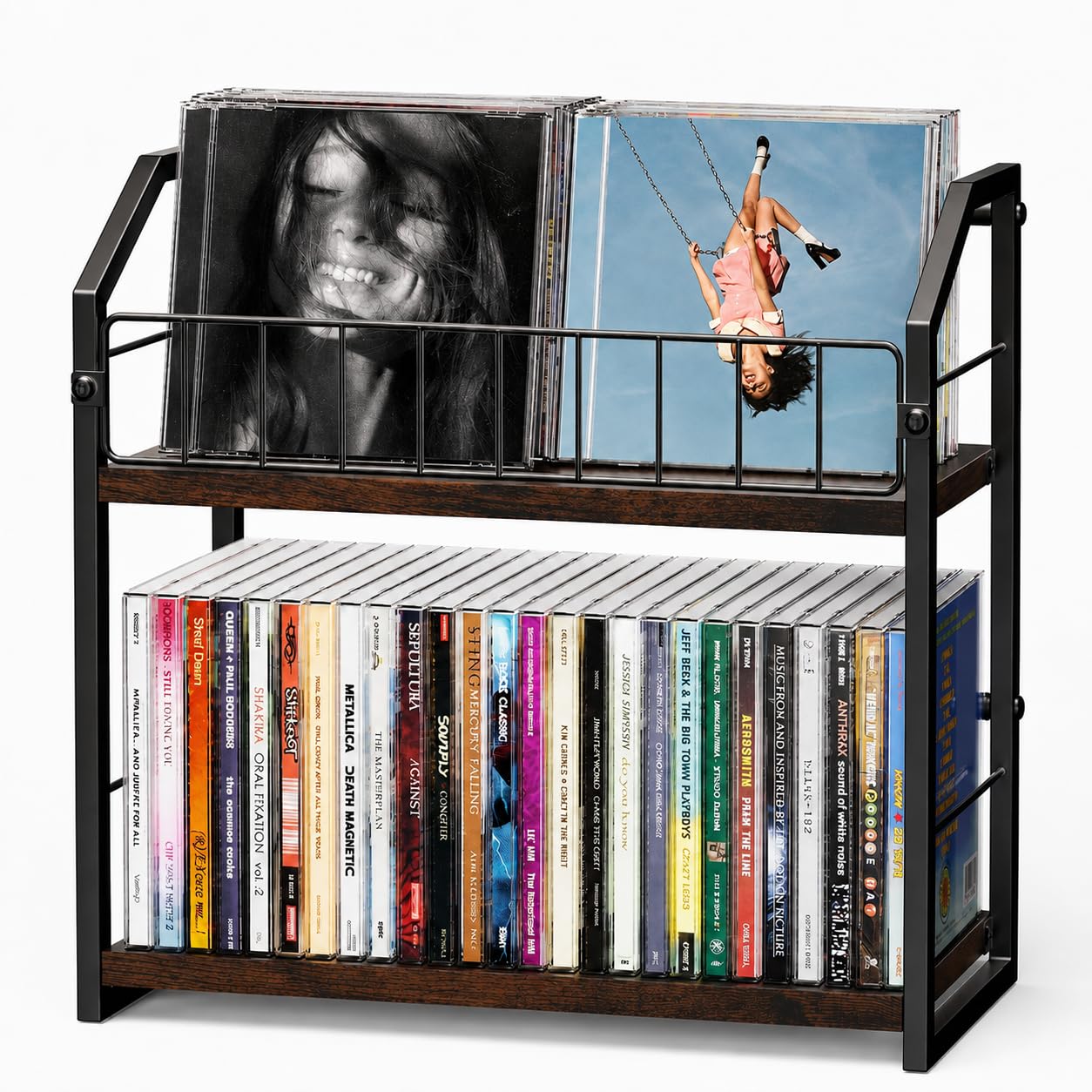 CD Storage Rack, 2 Tier CD holder with Display Shelf, Holds 60 Cases-Brown