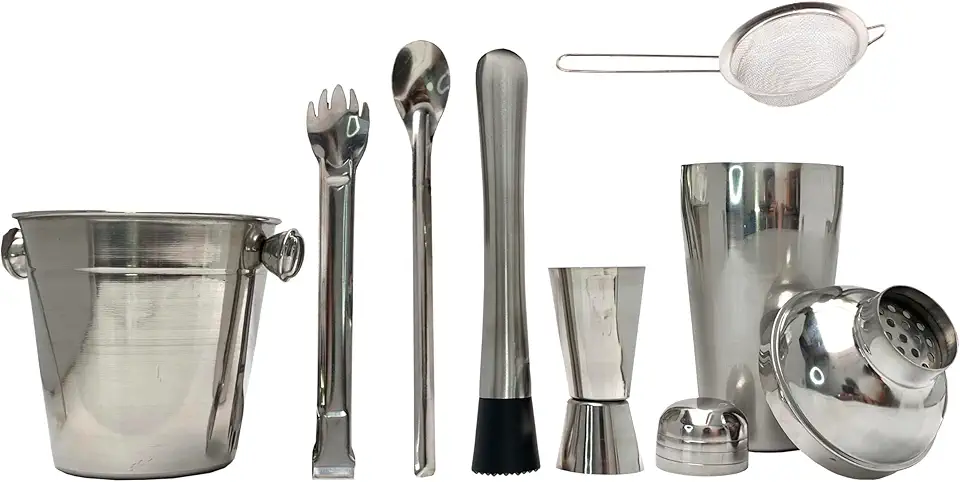 Kit Caipirinha Profissional 7 Peças Inox com acessórios - Coqueteleira 500m, Socador, Dosador, Balde, Pegador, Colher e Peneira
