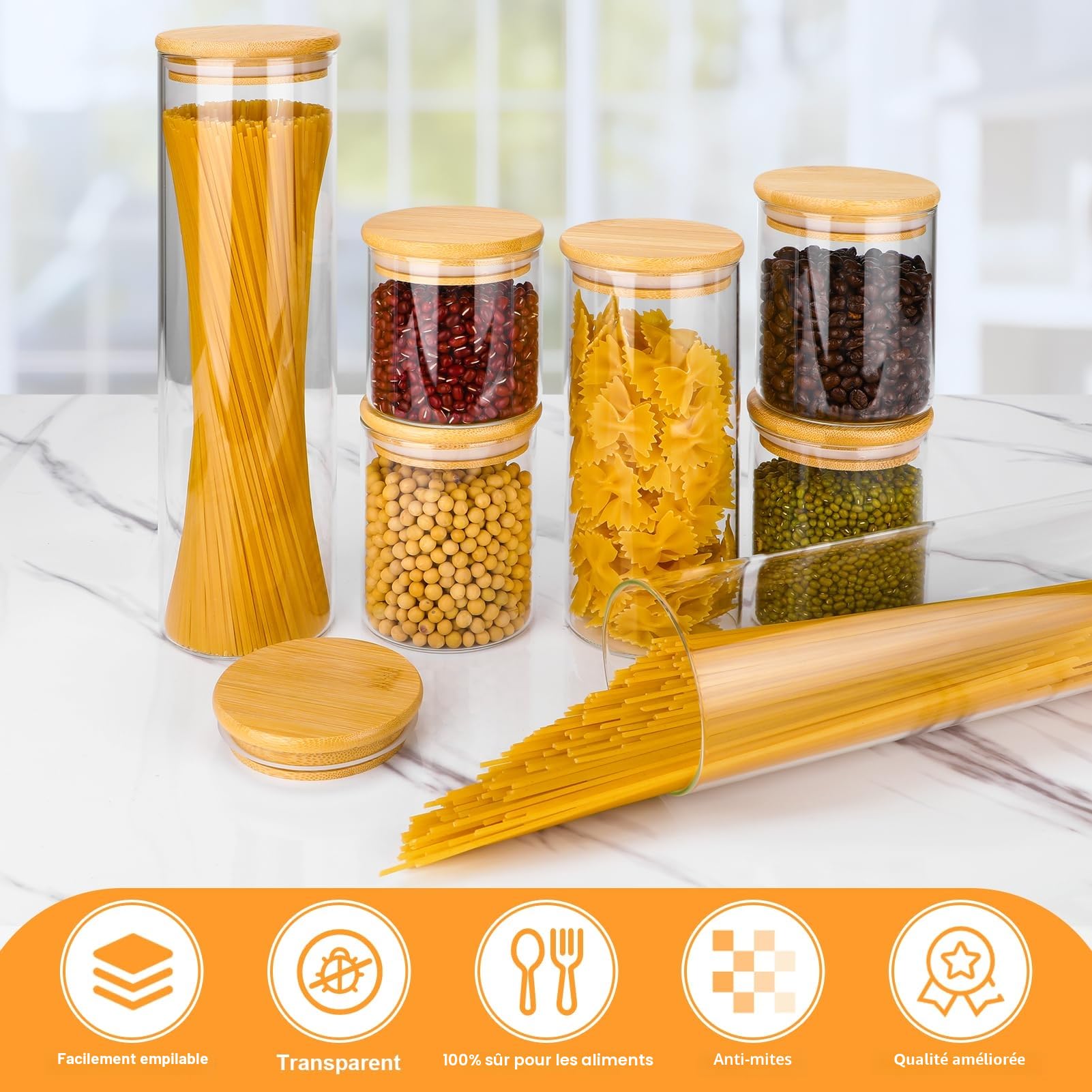Bocaux en Verre avec Couvercle en Bambou - Set de Rangement Cuisine Hermétique 7 Pièces (2×1400ml, 3×500ml, 1×400ml, 1×900ml)