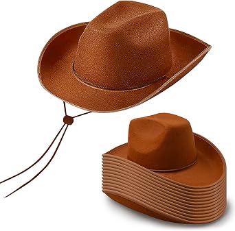12 Pcs Western Cowboy Hats Bulk, Cowgirl Hat for Men Women Felt Cowboy Hat with Chin Strap for Costume PartyBrown