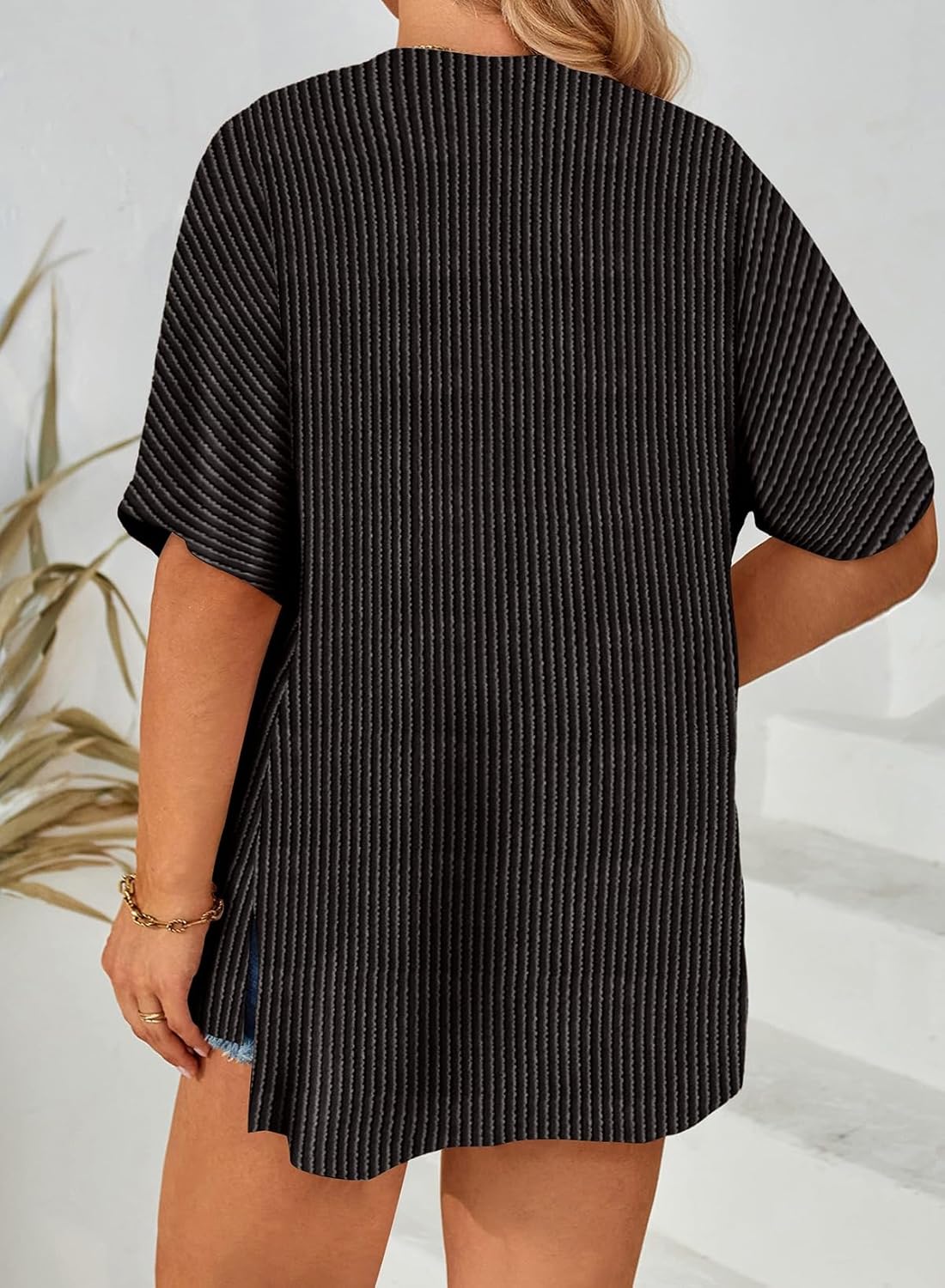 Eytino Women Plus Size Lightweight Cardigan Half Sleeve Ribbed Knit Kimono Cardigans Tops(1X-5X) - Image 2