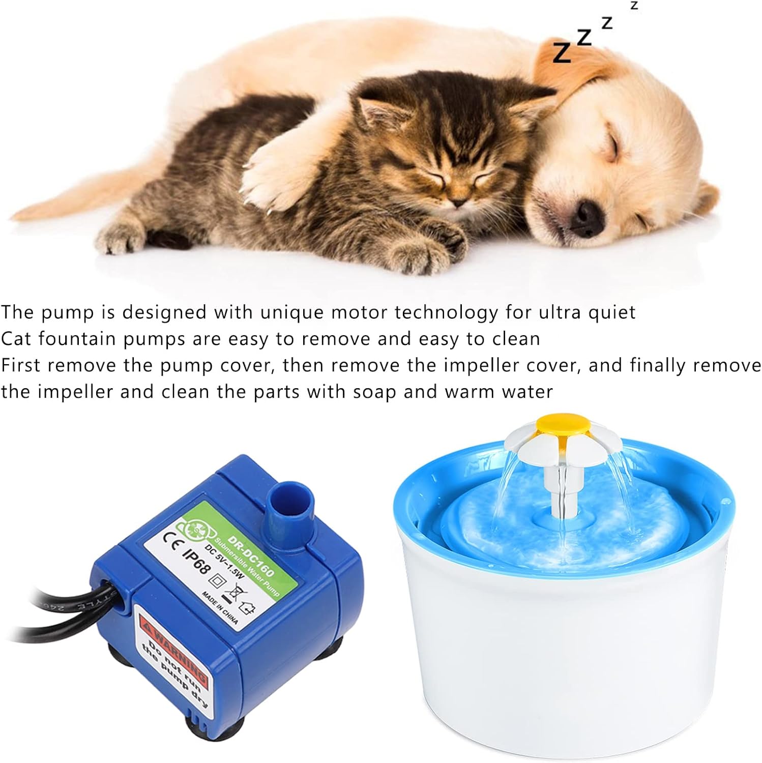Zerodis USB Ultra Quiet Cat Water Dispenser Pump, Compatible Multiple Types Pet Fountain, Easy To Disassemble and Clean, Strong Suction Cups, Detachable, ABS Material, Ground, 5V, Pump