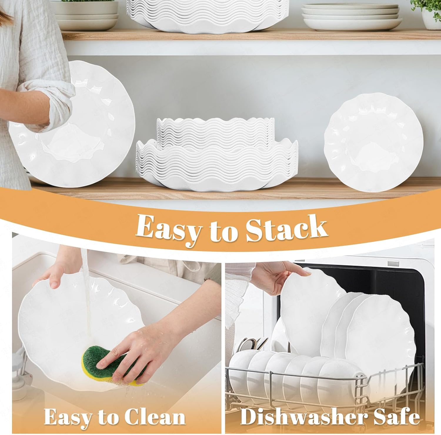 LIYH 24 Pcs White Plastic Plates Reusable - Unbreakable Party Plates, Microwave & Dishwasher Safe Camping Plate Sets Perfect for Parties, Birthday, Picnics, BPA Free (12Guests) - Image 6