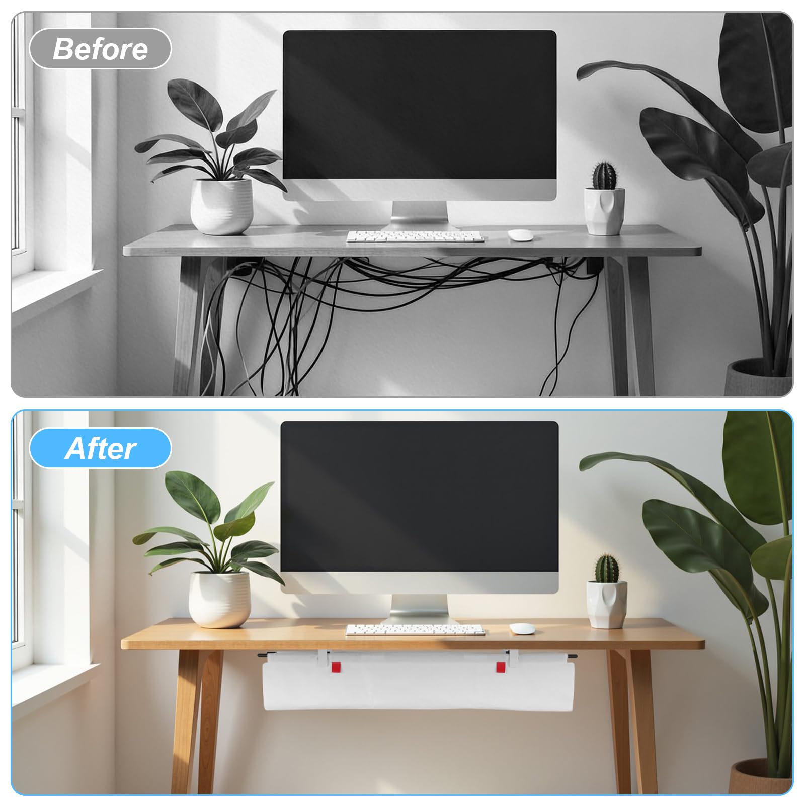 Kabelmanagement unter dem Schreibtisch 90cm Kabelkanal Ohne Bohren, Flexibler Kabel Organizer, Klemm- oder Schraubmontage, Weiß