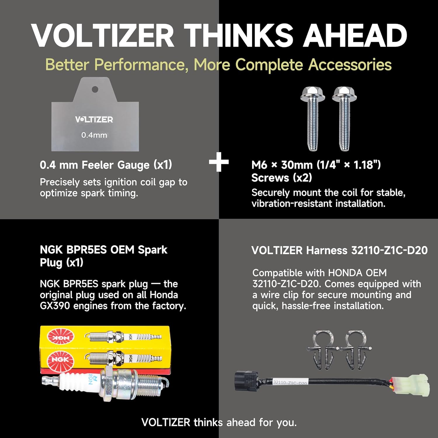 VOLTIZER 30500-Z5T-003 30500-Z5T-004 for Honda GX390 Ignition Coil – 4-Prong Module with Wire Harness 32110-Z5K-000 & 32110-Z1C-D20 – Includes NGK BPR5ES Spark Plug – Ready to Install