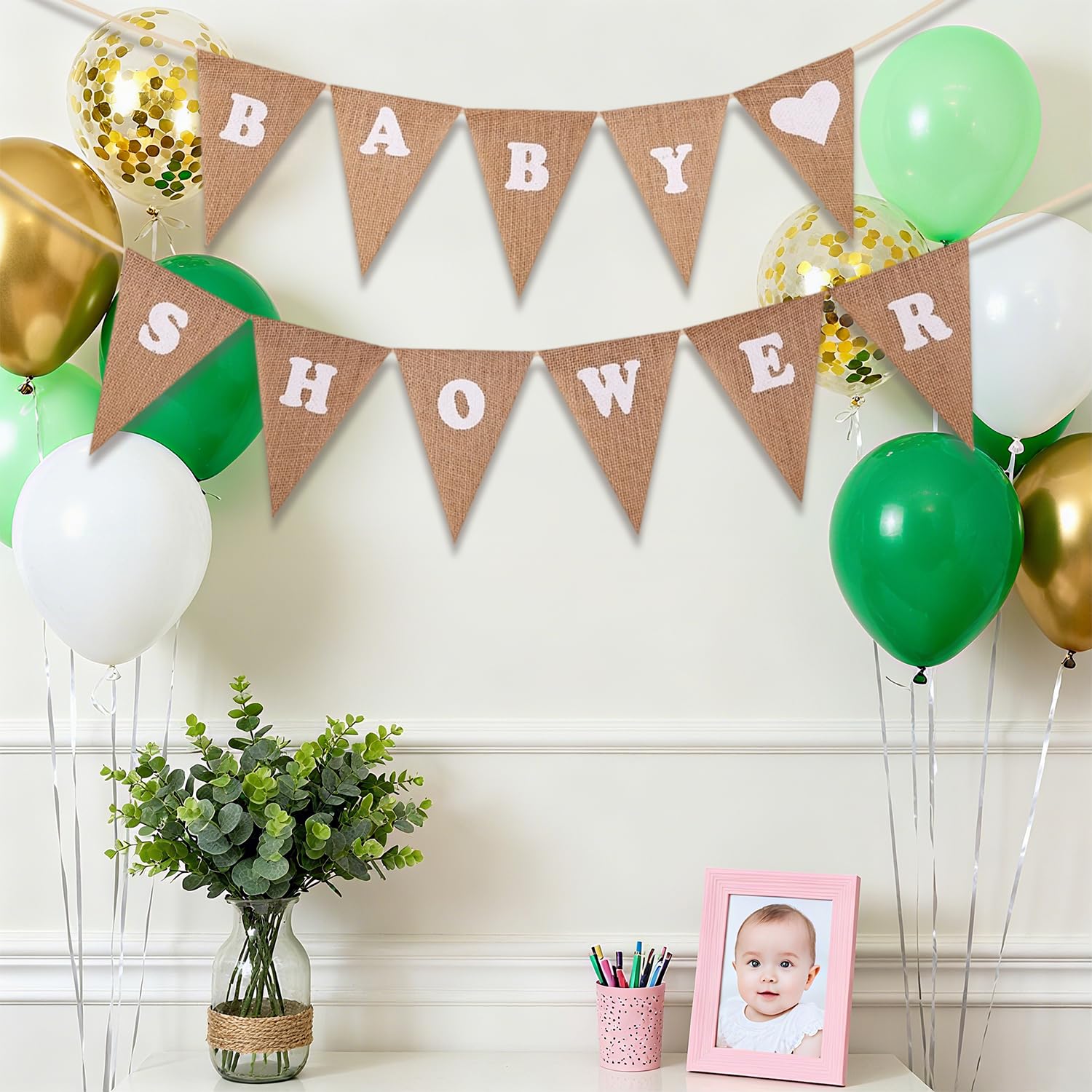 Linen Hessian Baby Shower Banner with Heart Print - Rustic Pennant Garland for Christening and Outdoor Party Decorations - Image 4