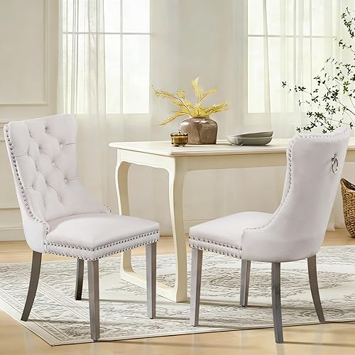 Miniatura 76 de Juego de 6 sillas de comedor de cuero, sillas laterales con respaldo alto, silla lateral tapizada moderna con anillo trasero de botón, patas de negro