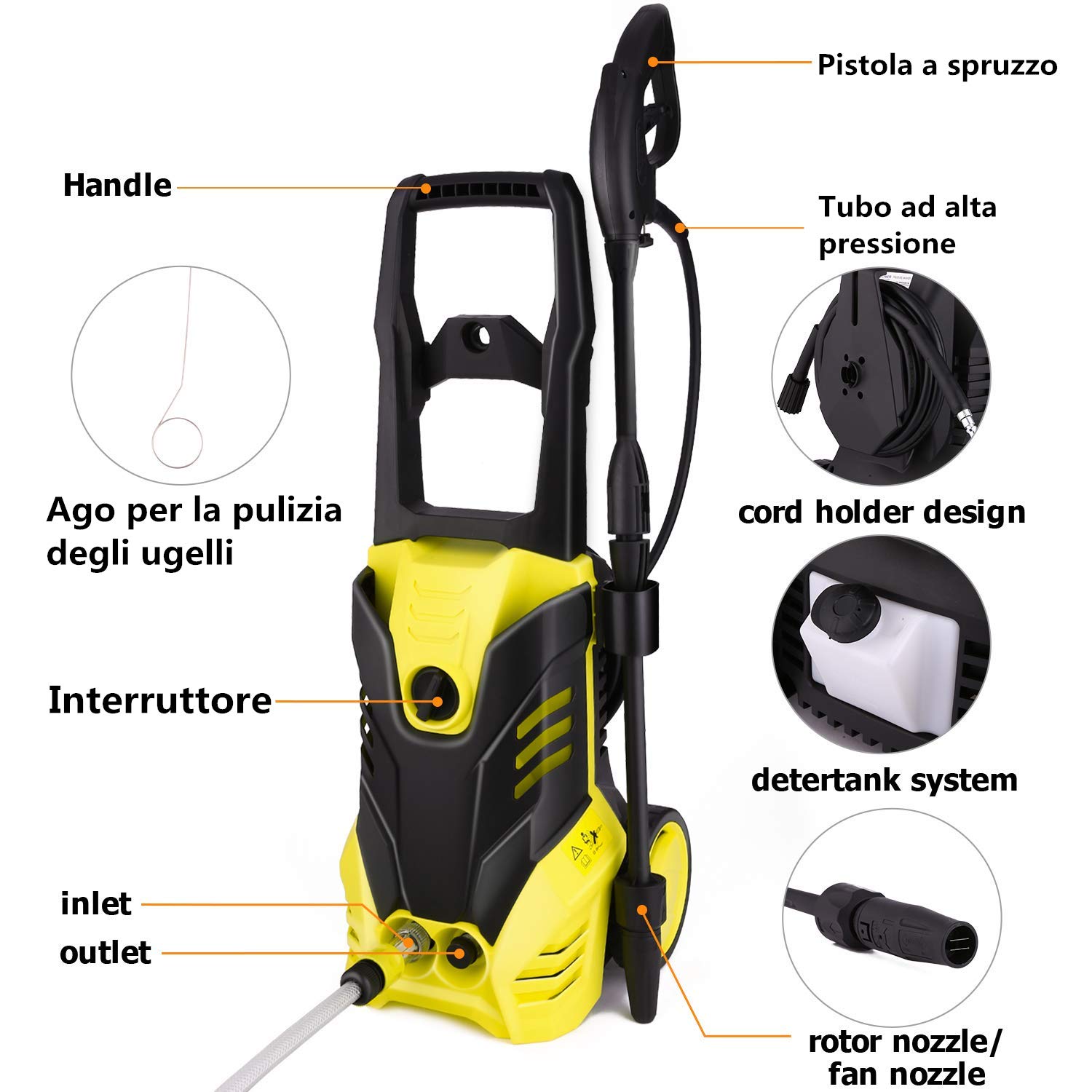 Hidrolimpiadora,2000 W,150 Bar,450 l/h,Limpiadoras a presión,Manguera de 5m,Limpiadora de Alta presión, para Lavado de Autos, terraza y hogar