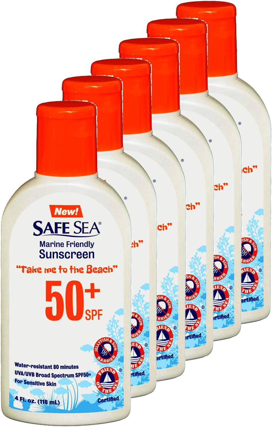 Safe Sea Anti Jellyfish Sunblock, SPF50 Lotion for Adults & Kids, Protects Against Jelly & Sea Lice Stings, Hypoallergenic (SPF50, 4oz Bottle, Pack of 6)